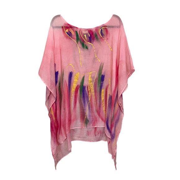 Jennifer Thompson Other - Jennifer Thompson Cover Up Hand Painted Kaftan Pink Large Sheer Boho Resortwear